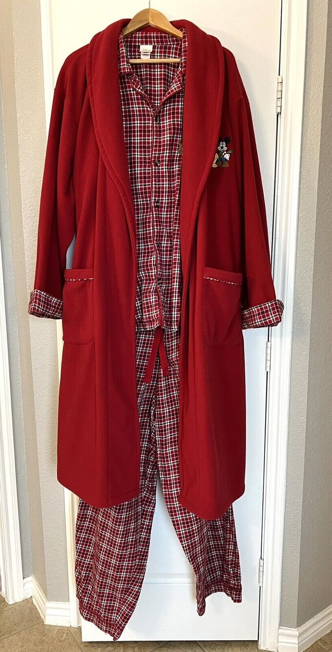 DISNEY STORE Mickey Mouse Pluto Christmas PAJAMA PJs ROBE SET Sz XL Plaid 3 Pcs